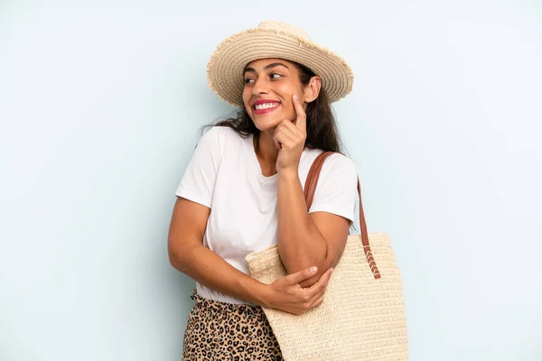 Hispanic Woman Smiling Happy Confident Expression Hand Chin Summer Concept — Stok fotoğraf