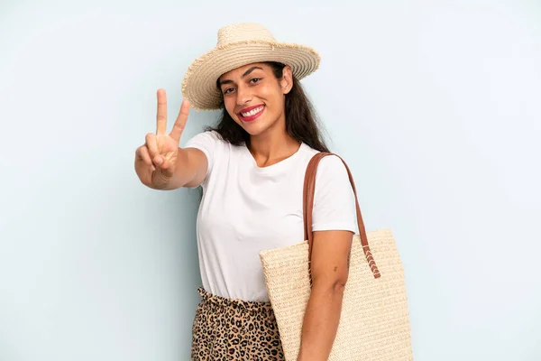 Hispanic Woman Smiling Looking Friendly Showing Number Two Summer Concept — Stok fotoğraf