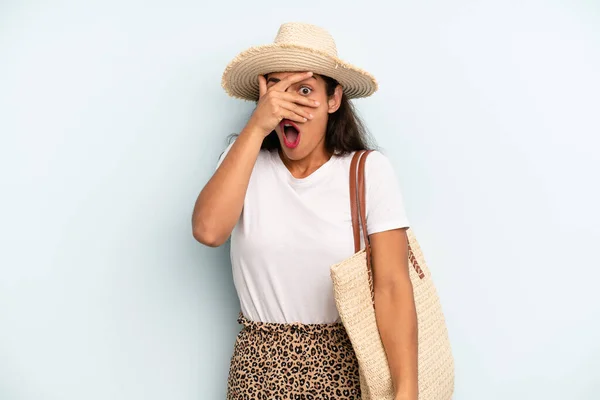 Hispanic Woman Looking Shocked Scared Terrified Covering Face Hand Summer — Foto Stock