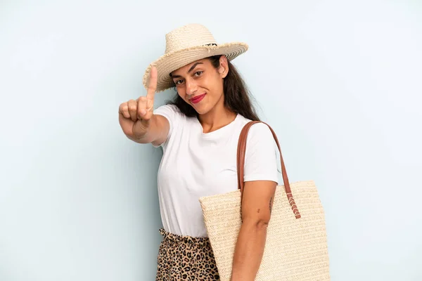 Hispanic Woman Smiling Looking Friendly Showing Number One Summer Concept — Stok fotoğraf