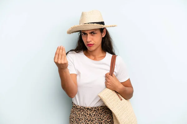 Hispanic Woman Making Capice Money Gesture Telling You Pay Summer — Stok fotoğraf