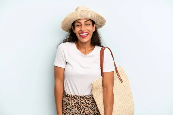 Hispanic Woman Looking Happy Pleasantly Surprised Summer Concept — Stok fotoğraf