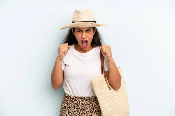 Hispanic Woman Shouting Aggressively Angry Expression Summer Concept — Fotografia de Stock