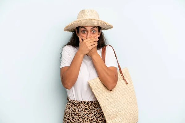 Hispanic Woman Covering Mouth Hands Shocked Summer Concept — Foto Stock