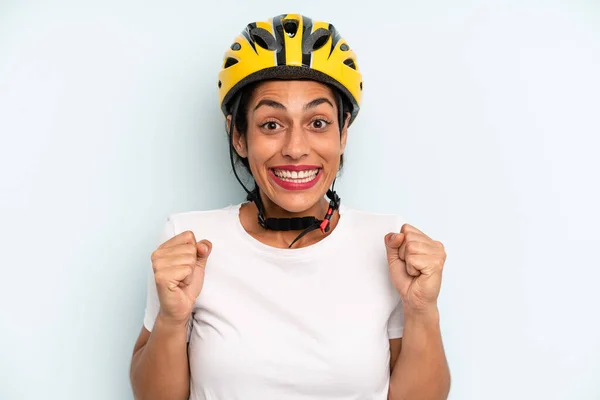 Hispanic Woman Feeling Shocked Laughing Celebrating Success Bike Sport Concept — Zdjęcie stockowe