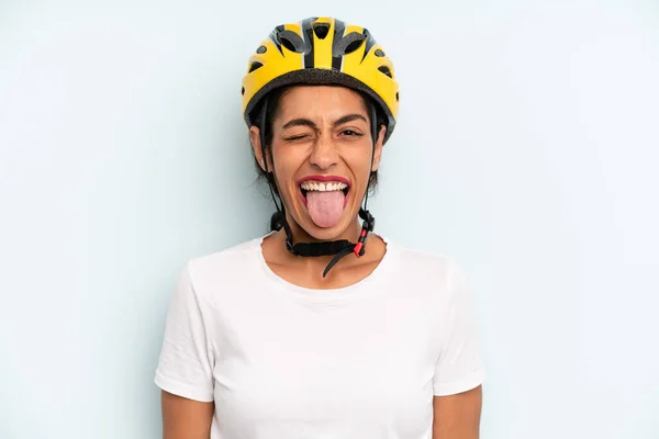 Hispanic Woman Cheerful Rebellious Attitude Joking Sticking Tongue Out Bike — Zdjęcie stockowe