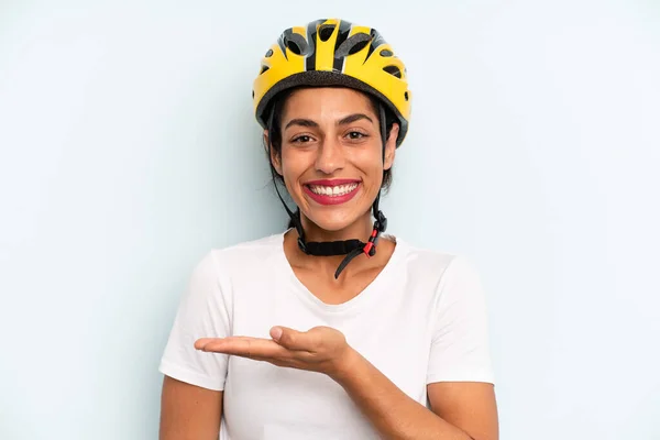 Hispanic Woman Smiling Cheerfully Feeling Happy Showing Concept Bike Sport — Zdjęcie stockowe