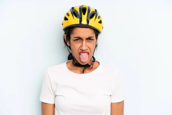 Hispanic Woman Feeling Disgusted Irritated Tongue Out Bike Sport Concept — Zdjęcie stockowe