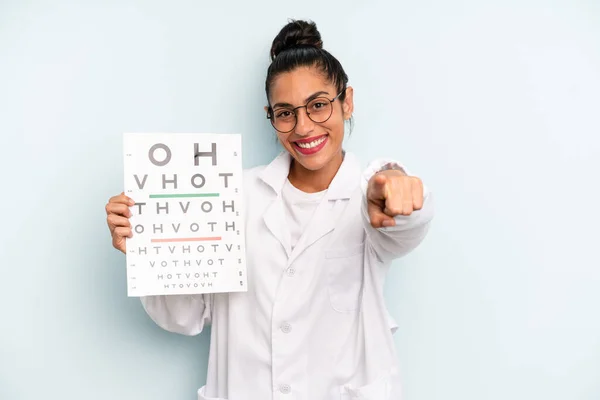 Hispanic Woman Pointing Camera Choosing You Optical Vision Test Concept — Photo