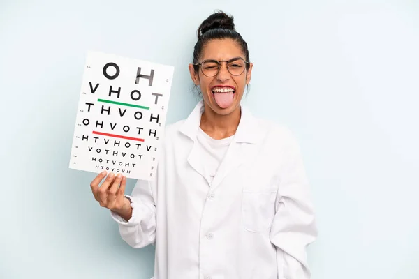 Hispanic Woman Cheerful Rebellious Attitude Joking Sticking Tongue Out Optical — Foto Stock