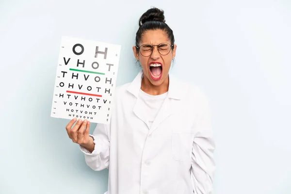 Hispanic Woman Shouting Aggressively Looking Very Angry Optical Vision Test — Stok fotoğraf