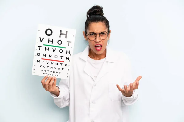 Hispanic Woman Looking Angry Annoyed Frustrated Optical Vision Test Concept — Stockfoto