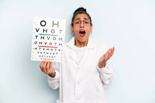 Hispanic Woman Looking Desperate Frustrated Stressed Optical Vision Test Concept — Photo