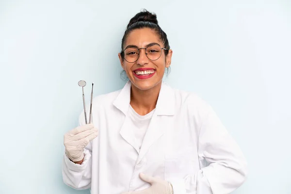 Hispanic Woman Laughing Out Loud Some Hilarious Joke Dentist Concept — Zdjęcie stockowe