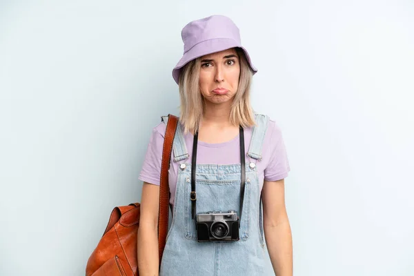 Blonde Woman Feeling Sad Whiney Unhappy Look Crying Summer Tourist — Stok fotoğraf