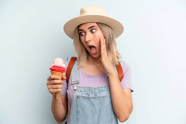 Blonde Woman Feeling Happy Excited Surprised Ice Cream Summer Concept — Stockfoto