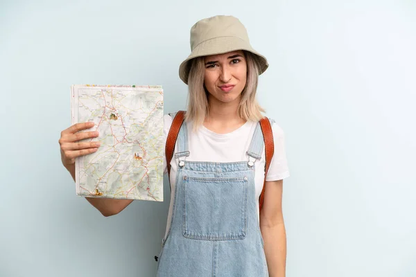 Blonde Woman Looking Puzzled Confused Tourist Map Concept — Stockfoto