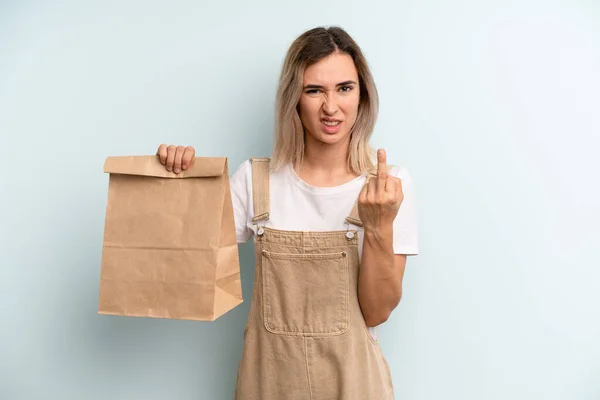 Blonde Woman Feeling Angry Annoyed Rebellious Aggressive Take Away Delivery — ストック写真