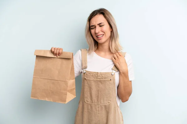 Blonde Woman Feeling Stressed Anxious Tired Frustrated Take Away Delivery — ストック写真