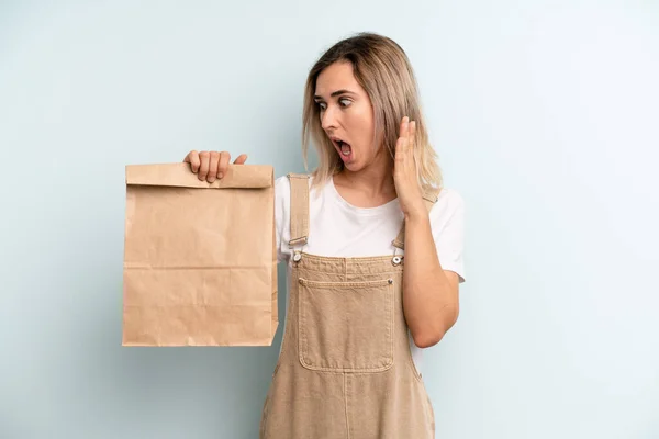 Blonde Woman Feeling Happy Excited Surprised Take Away Delivery Concept — Zdjęcie stockowe