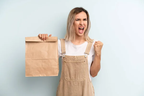 Blonde Woman Shouting Aggressively Angry Expression Take Away Delivery Concept — Zdjęcie stockowe