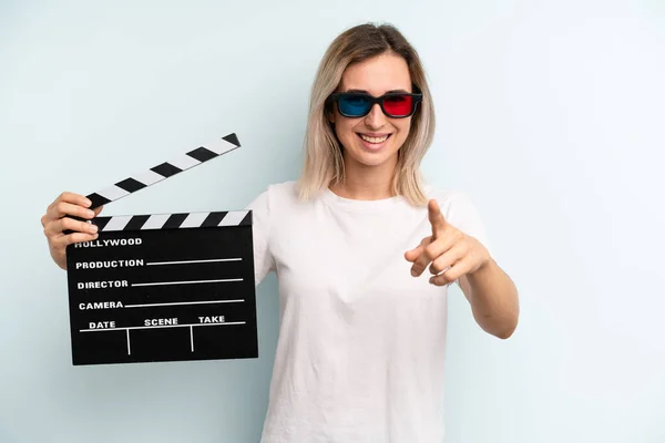 Blonde Woman Pointing Camera Choosing You Film Movie Concept — Stockfoto