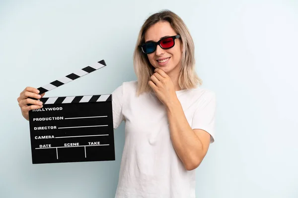 Blonde Woman Smiling Happy Confident Expression Hand Chin Film Movie — Stockfoto