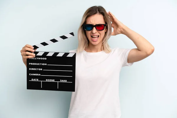 Blonde Woman Feeling Stressed Anxious Scared Hands Head Film Movie — Stockfoto