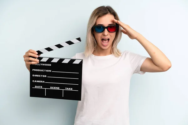 Blonde Woman Looking Happy Astonished Surprised Film Movie Concept — Stockfoto