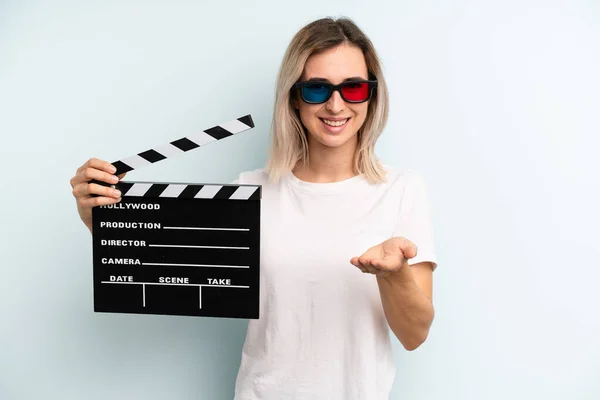 Blonde Woman Smiling Happily Friendly Offering Showing Concept Film Movie — Stock Fotó