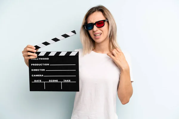 Blonde Woman Feeling Stressed Anxious Tired Frustrated Film Movie Concept — Stockfoto