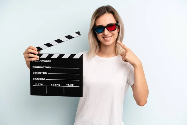 Blonde Woman Smiling Confidently Pointing Own Broad Smile Film Movie — Stockfoto