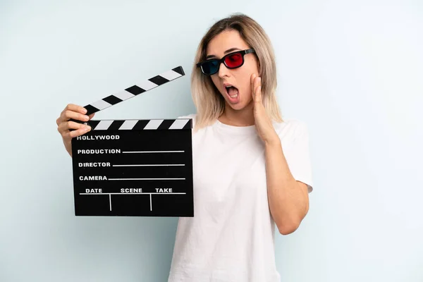 Blonde Woman Feeling Happy Excited Surprised Film Movie Concept — Stok fotoğraf