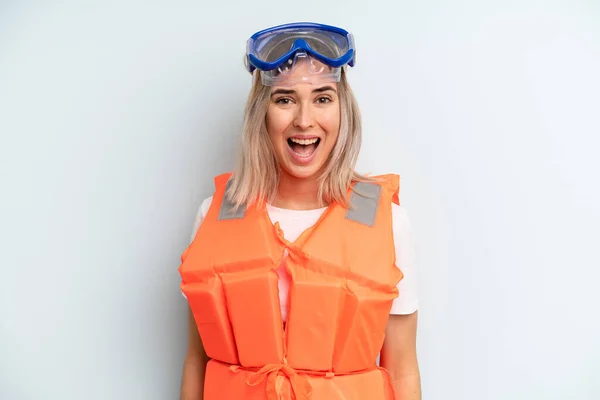 Blonde Woman Looking Happy Pleasantly Surprised Life Jacket Summer Concept — Stock Photo, Image