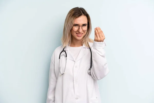 Blonde Woman Making Capice Money Gesture Telling You Pay Medicine — Stockfoto