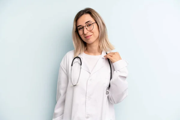 Blonde Woman Looking Arrogant Successful Positive Proud Medicine Student Concept — Stockfoto