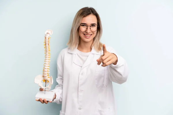 Blonde Woman Pointing Camera Choosing You Medicine Student Concept — Stockfoto