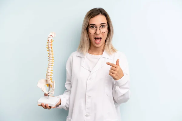 Blonde Woman Feeling Happy Pointing Self Excited Medicine Student Concept — Stockfoto