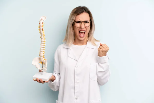 Blonde Woman Shouting Aggressively Angry Expression Medicine Student Concept —  Fotos de Stock