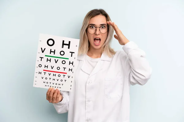 Blonde Woman Looking Happy Astonished Surprised Optical Vision Test Concept — Stockfoto