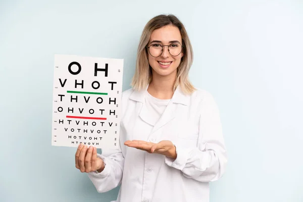 Blonde Woman Smiling Cheerfully Feeling Happy Showing Concept Optical Vision — Stockfoto