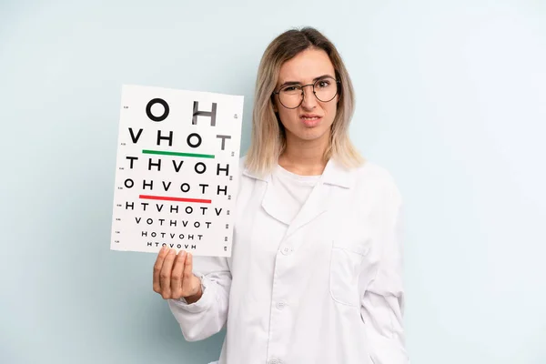 Blonde Woman Feeling Puzzled Confused Optical Vision Test Concept — Stockfoto