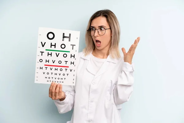 Blonde Woman Feeling Happy Excited Surprised Optical Vision Test Concept — Stockfoto