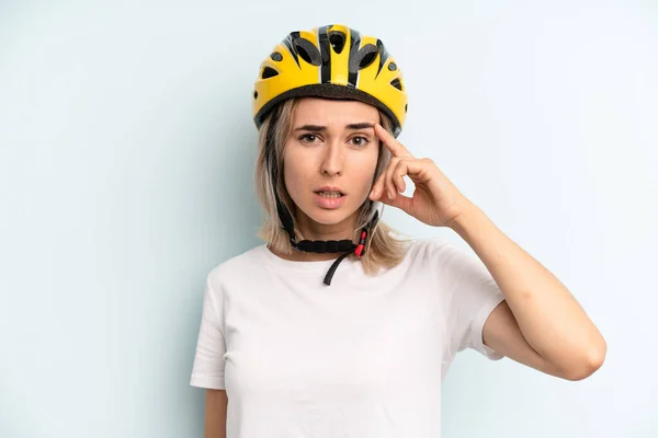 Blonde Woman Looking Happy Astonished Surprised Bike Sport Concept — Stockfoto