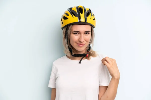 Blonde Woman Looking Arrogant Successful Positive Proud Bike Sport Concept — Zdjęcie stockowe