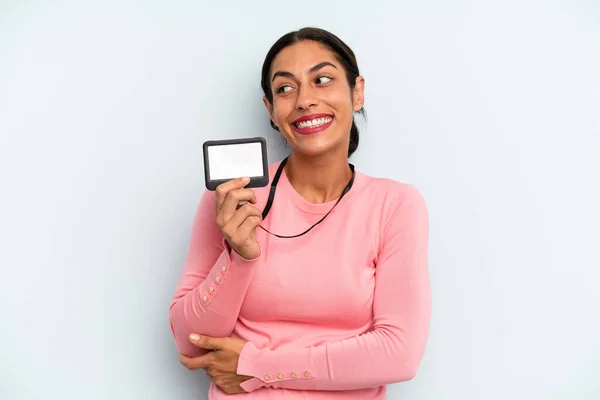 Hispanic Woman Smiling Happy Confident Expression Hand Chin Vip Pass — Zdjęcie stockowe