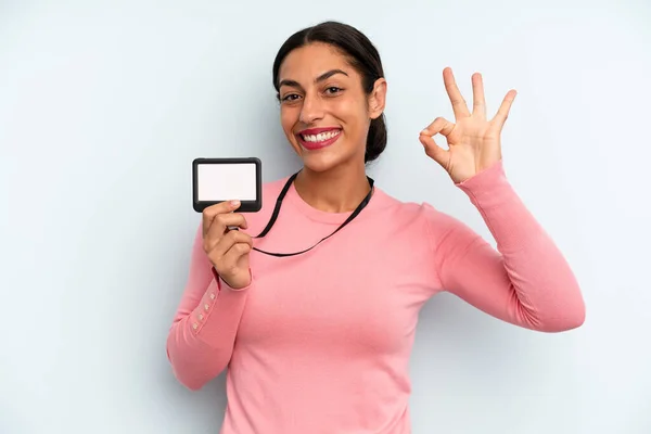 Hispanic Woman Feeling Happy Showing Approval Okay Gesture Vip Pass — Stock fotografie