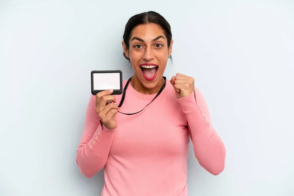 Hispanic Woman Feeling Shocked Laughing Celebrating Success Vip Pass Card — Stock fotografie