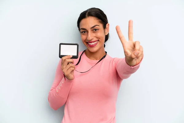 Hispanic Woman Smiling Looking Happy Gesturing Victory Peace Vip Pass — Stock fotografie