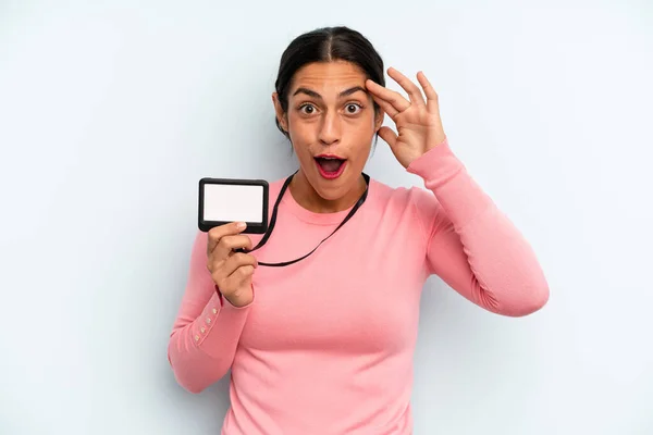 Hispanic Woman Looking Happy Astonished Surprised Vip Pass Card — Stock fotografie